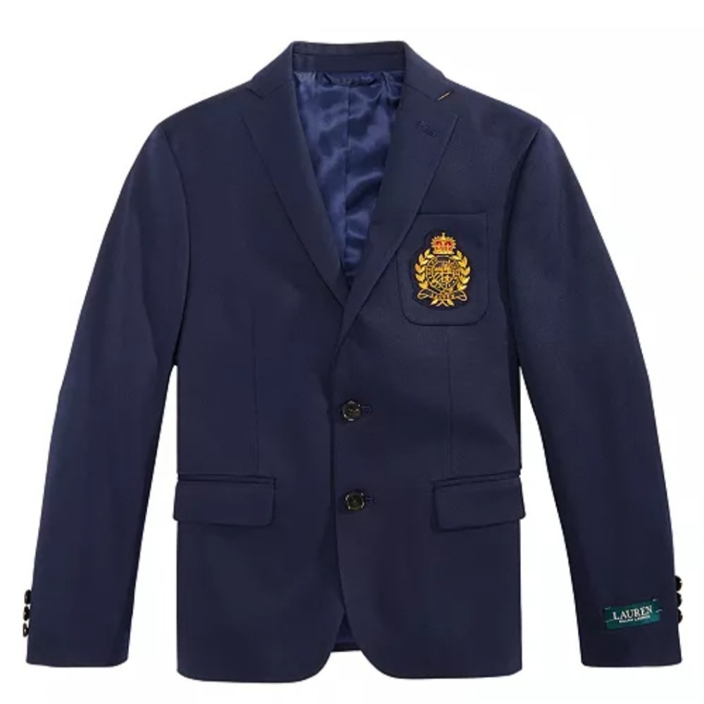 Lauren Ralph Lauren Crested Navy 2 Button Blazer Boys Size 18R Polyester Blend
